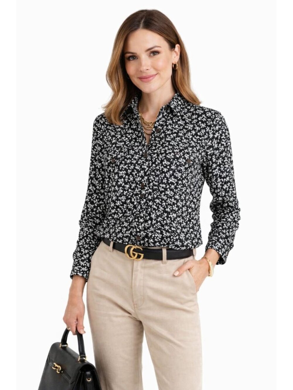 Lands End Womens Floral Button-Up Shirt XL/T Black White Tunic Top Peasant Casua